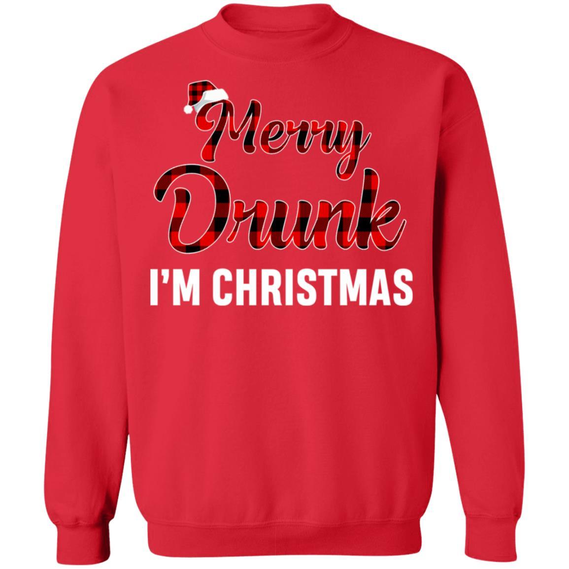 Red Plaid Xmas Drinking Wine Merry Drunk I'm Christmas-T-Shirt & Sweatshirt-Crewneck Sweatshirt-Red