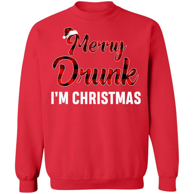 Red Plaid Xmas Drinking Wine Merry Drunk I'm Christmas-T-Shirt & Sweatshirt-Crewneck Sweatshirt-Red