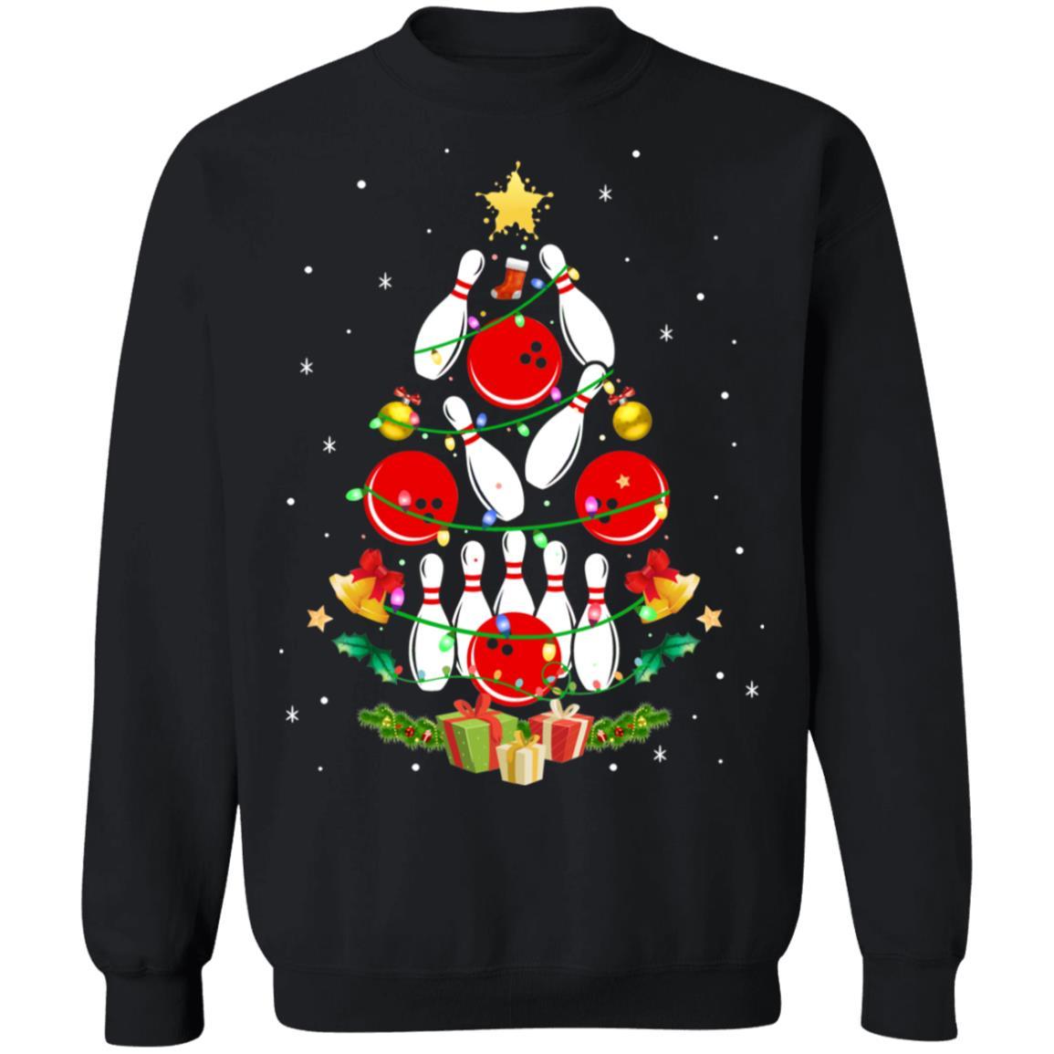 Funny Bowling Christmas Tree Light Xmas Gift-T-Shirt & Sweatshirt-Crewneck Sweatshirt-Black