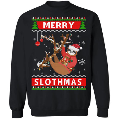 Merry Slothmas Christmas Pajama Sloth Lovers Ugly Sweater-T-Shirt & Sweatshirt-Crewneck Sweatshirt-Black