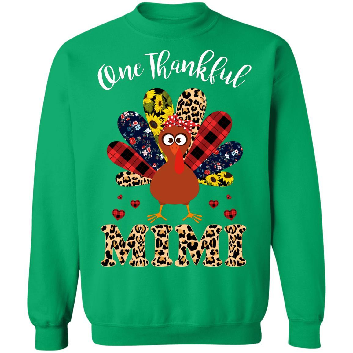 One Thankful Mimi Leopard Turkey Thanksgiving Gift-T-Shirt & Sweatshirt-Crewneck Sweatshirt-Irish Green