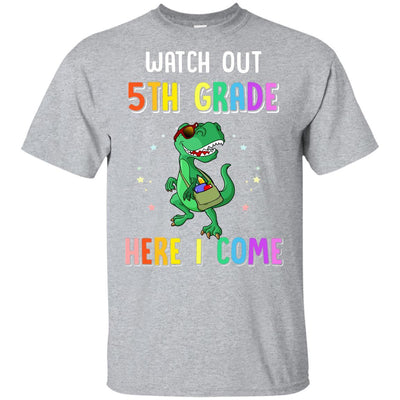 5th Grade Here I Come Dinosaur Back To School Youth-Youth Shirt-Youth T-Shirt-Sport Grey