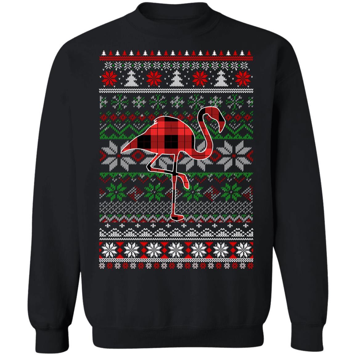 Flamingo Red Plaid Ugly Christmas Sweater Funny Gifts-T-Shirt & Sweatshirt-Crewneck Sweatshirt-Black