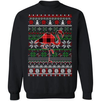 Flamingo Red Plaid Ugly Christmas Sweater Funny Gifts-T-Shirt & Sweatshirt-Crewneck Sweatshirt-Black
