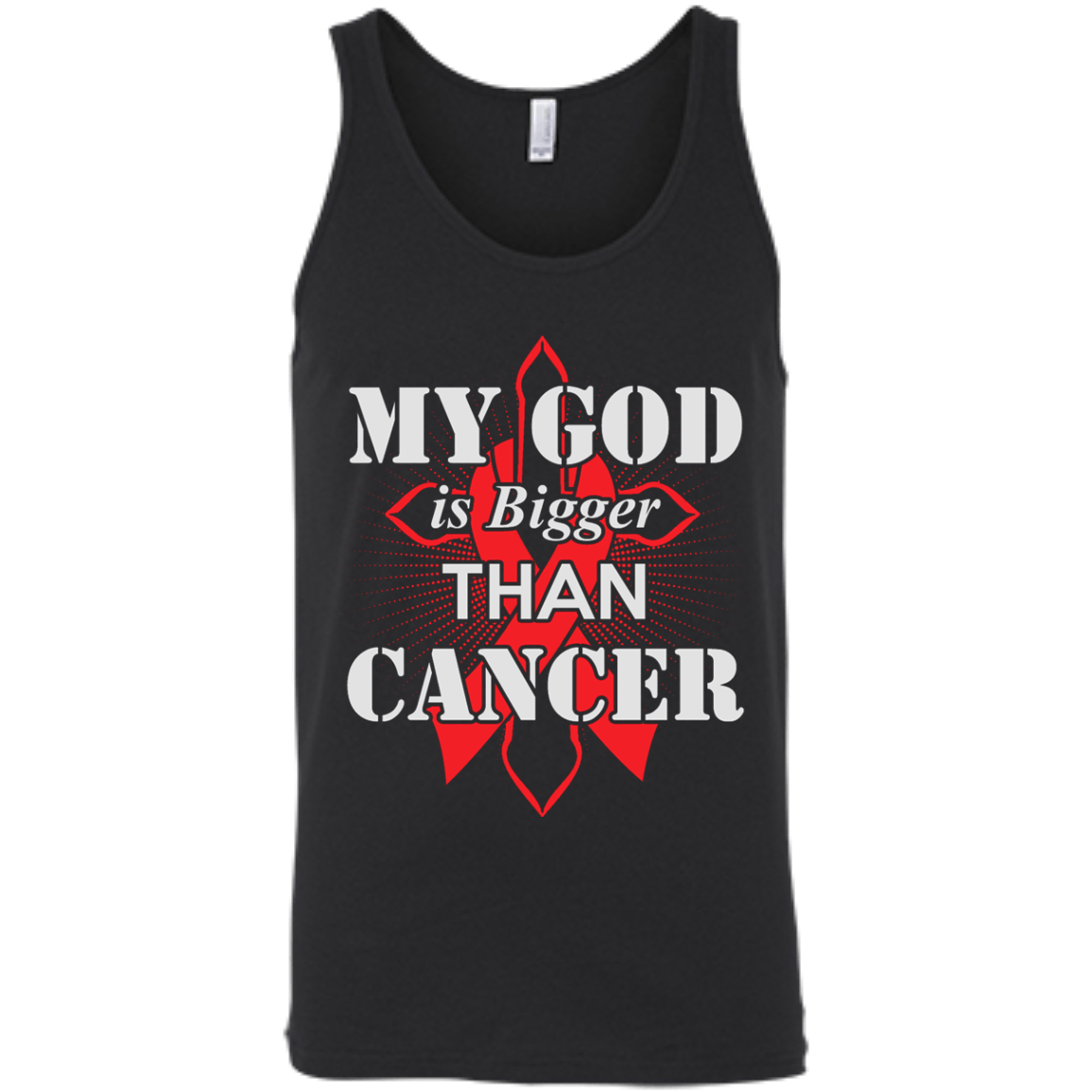 My God Is Bigger Than Cancer Red Awareness Ribbon-T-Shirt & Hoodie-Unisex Tank-Black