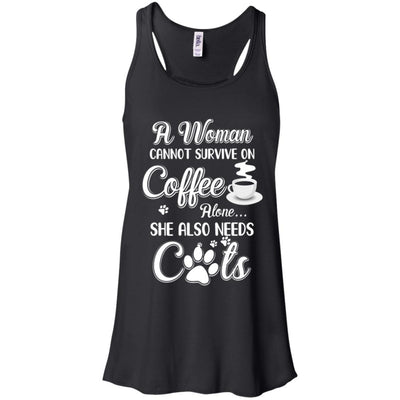 A Woman Cannot Survive On Coffee Alone She Also Needs Cats-T-Shirt & Tank Top-Women's Flowy Racerback Tank-Black