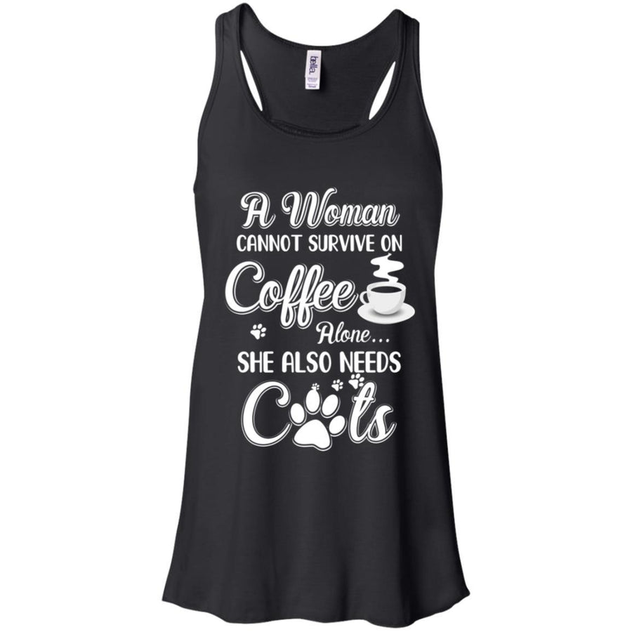A Woman Cannot Survive On Coffee Alone She Also Needs Cats-T-Shirt & Tank Top-Women's Flowy Racerback Tank-Black