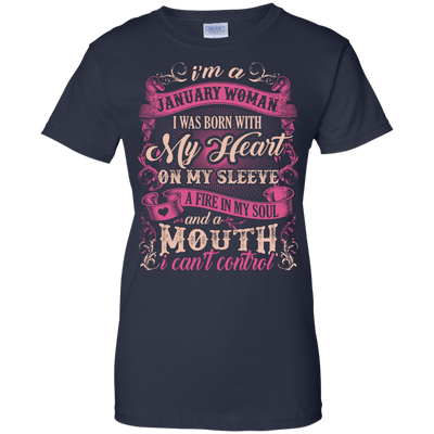 I Am A January Woman I Was Born With My Heart On My Sleeve-T-Shirt & Hoodie-Women's T-Shirt-Navy