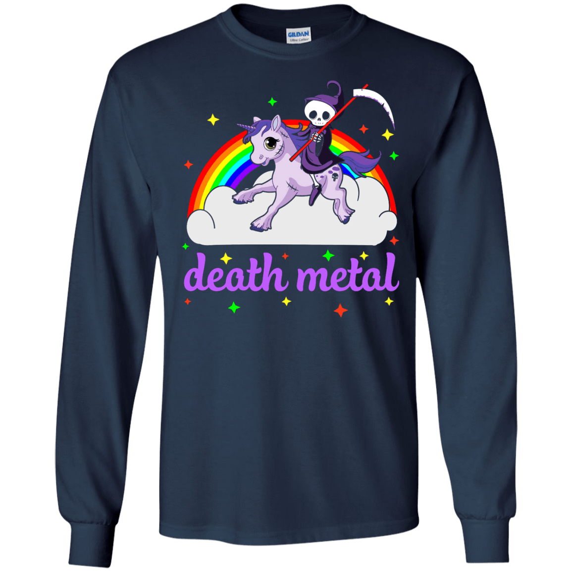 Rainbow Death Metal Rocker Unicorn-T-Shirt & Hoodie-Long Sleeve T-Shirt-Navy