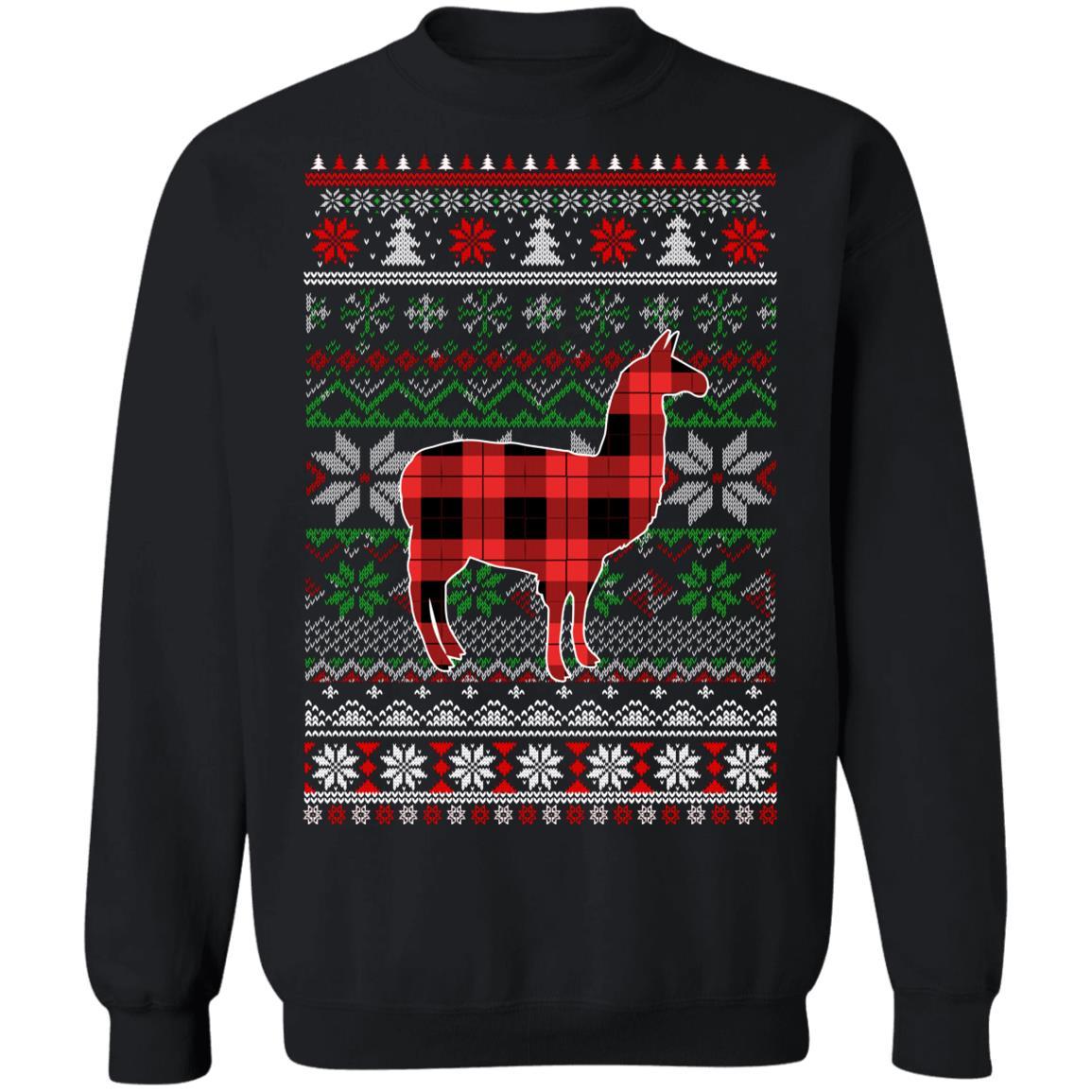 Llama Red Plaid Ugly Christmas Sweater Funny Gifts-T-Shirt & Sweatshirt-Crewneck Sweatshirt-Black