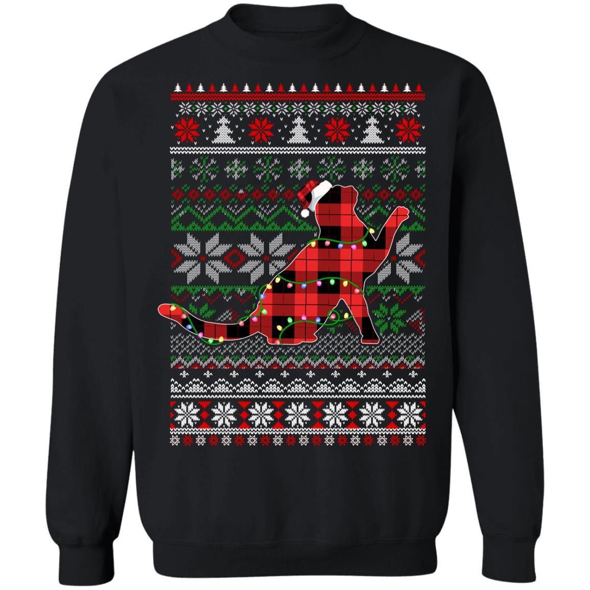 Red Plaid Buffalo Cat Pajamas Family Christmas Sweater-T-Shirt & Sweatshirt-Crewneck Sweatshirt-Black