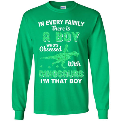 A Boy Who's Obsessed With Dinosaurs I Am That Boy Kids Youth-Youth Shirt-Youth Long Sleeve T-Shirt-Irish Green