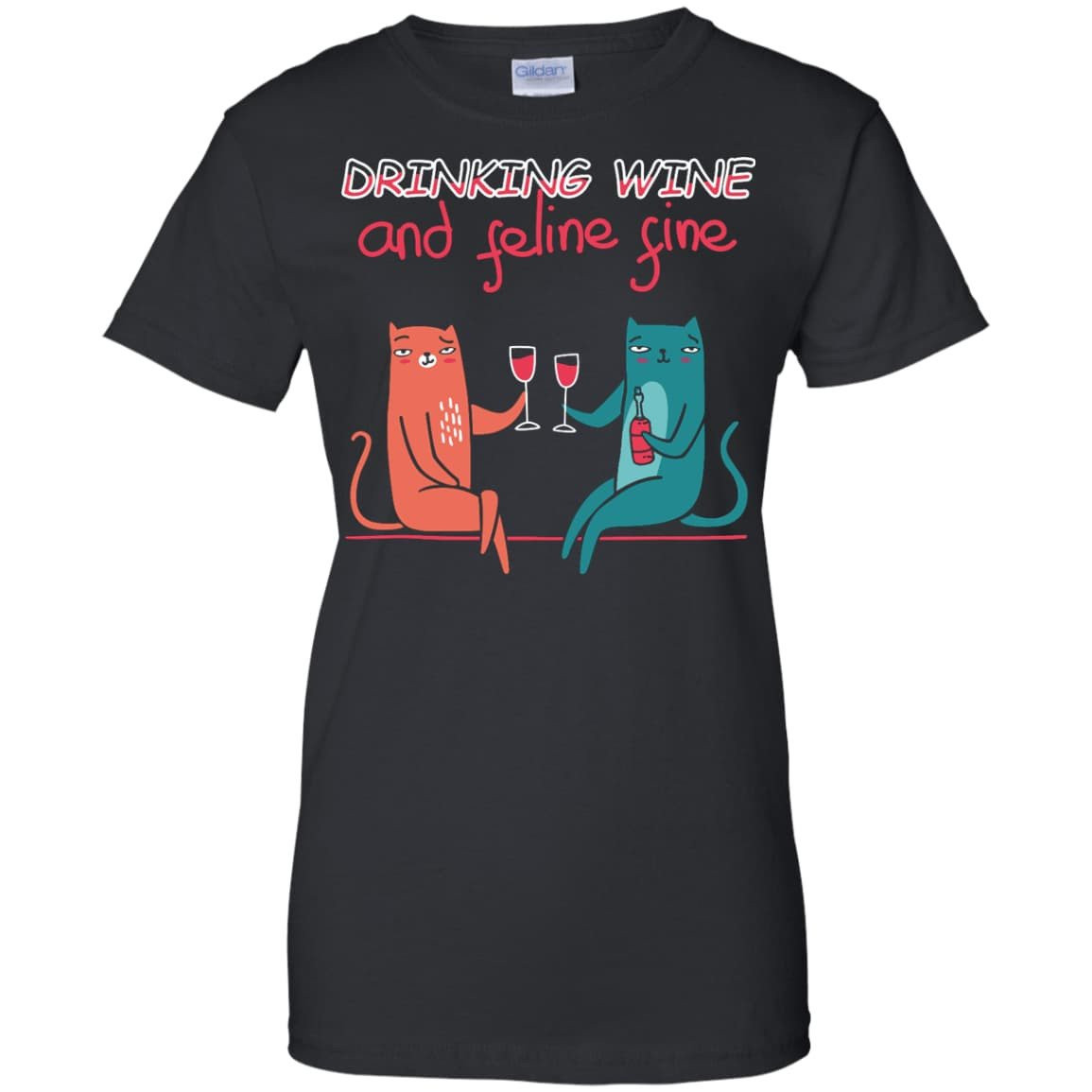 Drinking Wine Feline Fine-T-Shirt & Hoodie-Ladies Custom 100% Cotton T-Shirt-Black