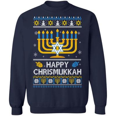 Happy Chrismukkah Xmas Hanukkah Ugly Christmas Sweater-T-Shirt & Sweatshirt-Crewneck Sweatshirt-Navy