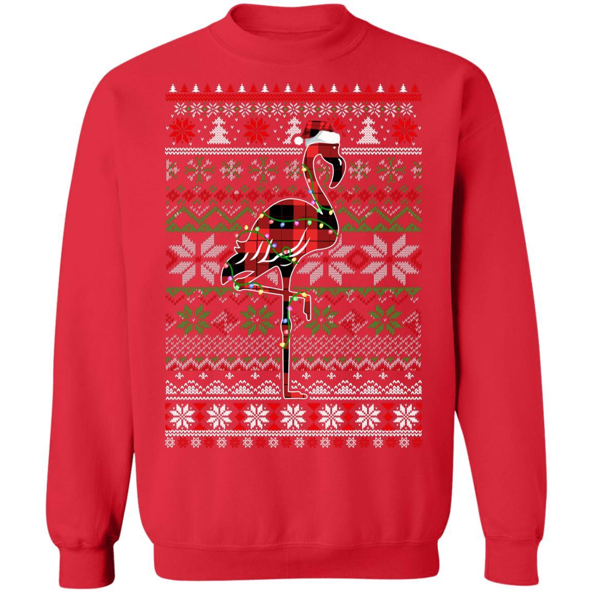 Red Plaid Buffalo Flamingo Pajamas Christmas Sweater-T-Shirt & Sweatshirt-Crewneck Sweatshirt-Red