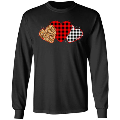 Three Hearts Leopard Buffalo Plaid Valentine's Day-T-Shirt & Hoodie-Long Sleeve T-Shirt-Black