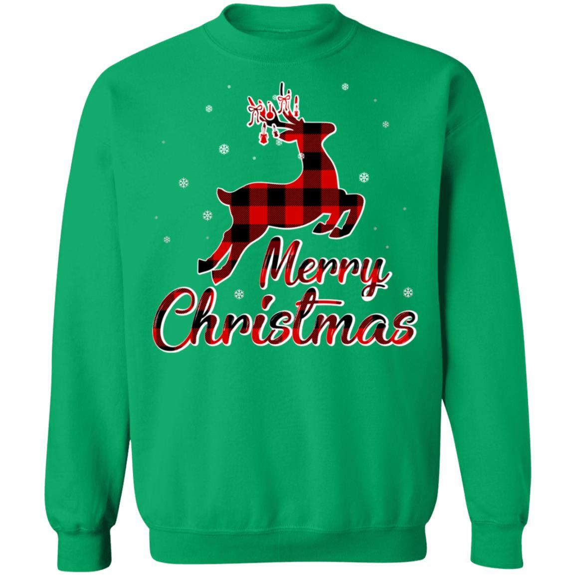Merry Christmas Buffalo Plaid Xmas Reindeer Gift-T-Shirt & Sweatshirt-Crewneck Sweatshirt-Irish Green