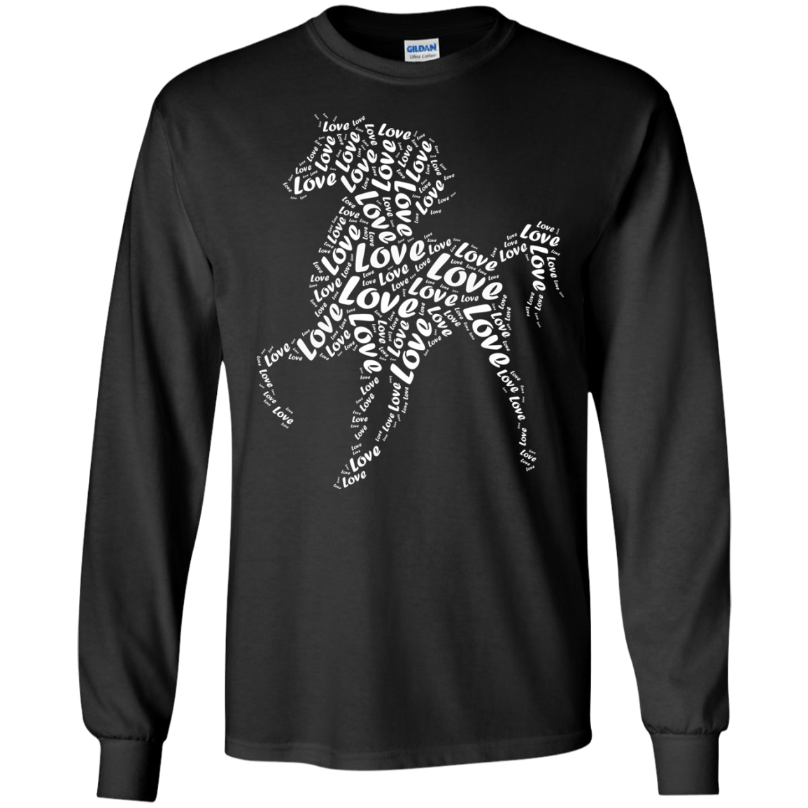 I Love Horse T-Shirt Word Graphic Tee-T-Shirt & Hoodie-Long Sleeve T-Shirt-Black