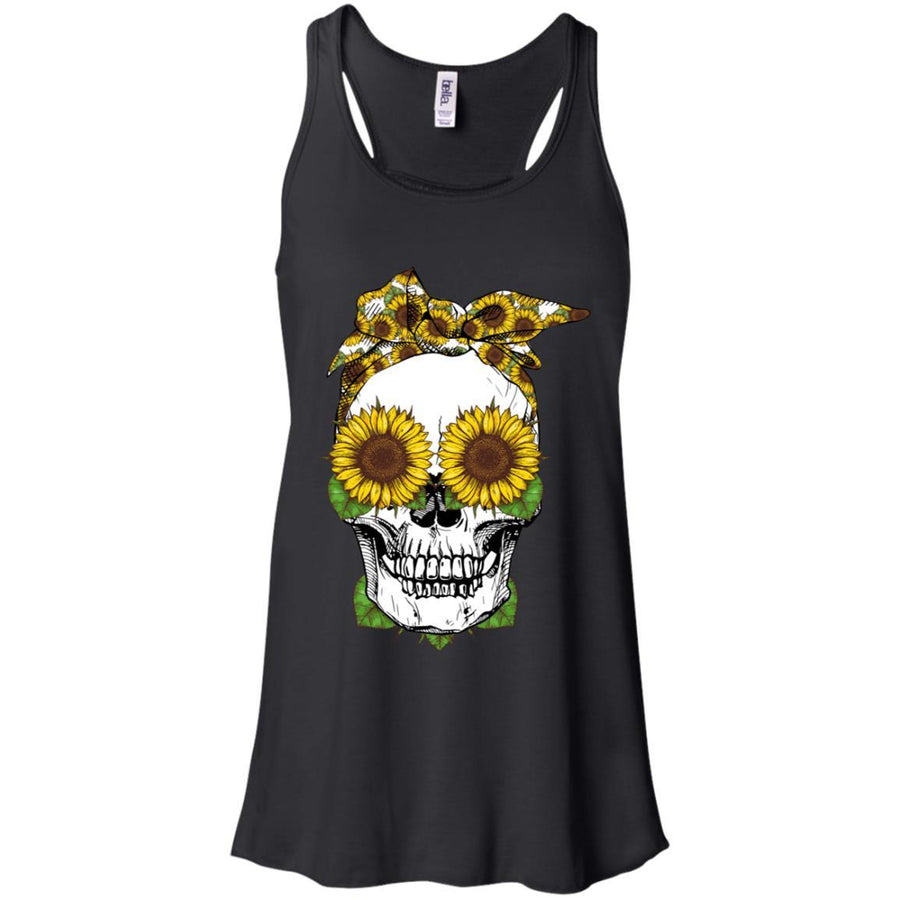 Skull Sunflower Floral Flowers Cute Gifts-T-Shirt & Tank Top-Women's Flowy Racerback Tank-Black