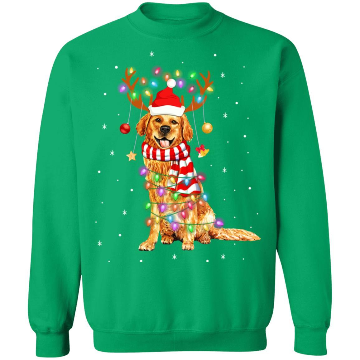 Cute Golden Retriever Christmas Lights Reindeer Pajamas-T-Shirt & Sweatshirt-Crewneck Sweatshirt-Irish Green