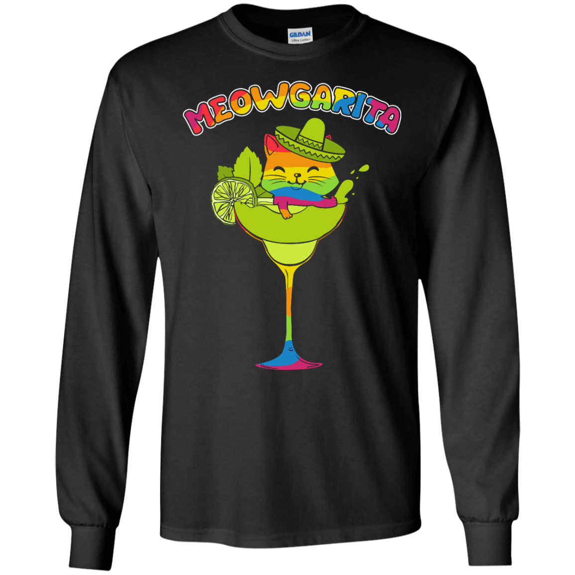 Rainbow Meowgarita Margarita Cat Lover-T-Shirt & Hoodie-Long Sleeve T-Shirt-Black