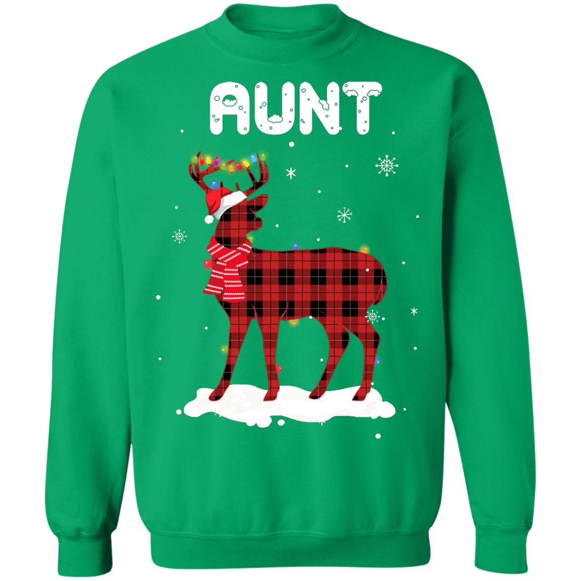Aunt Deer Red Plaid Christmas Family Matching Pajamas-T-Shirt & Sweatshirt-Crewneck Sweatshirt-Irish Green