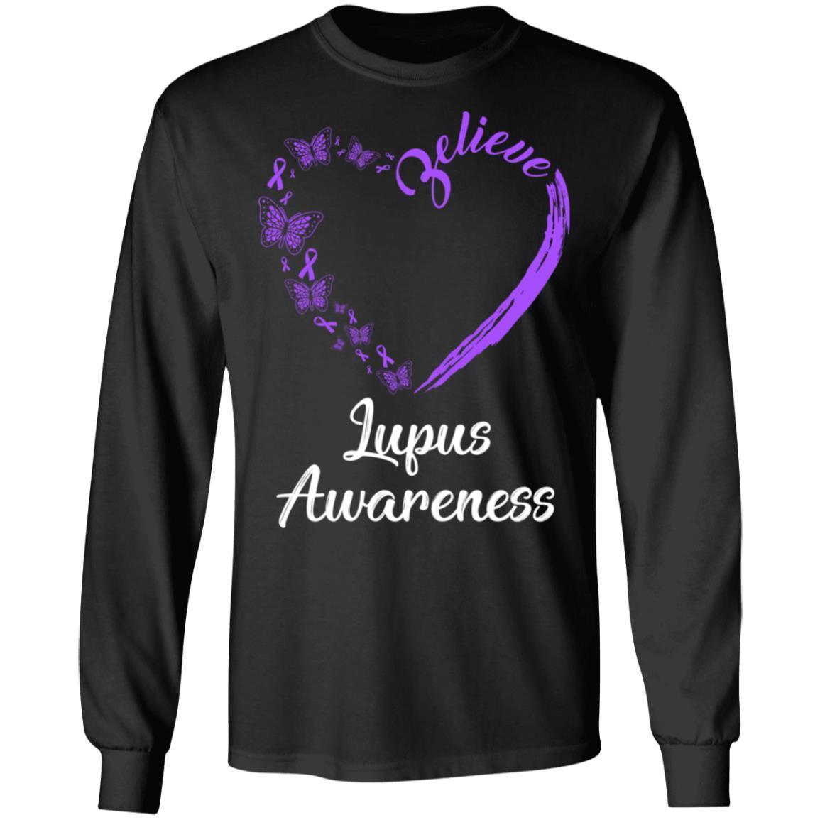 Butterfly Believe Lupus Awareness Ribbon Gifts-T-Shirt & Hoodie-Long Sleeve T-Shirt-Black