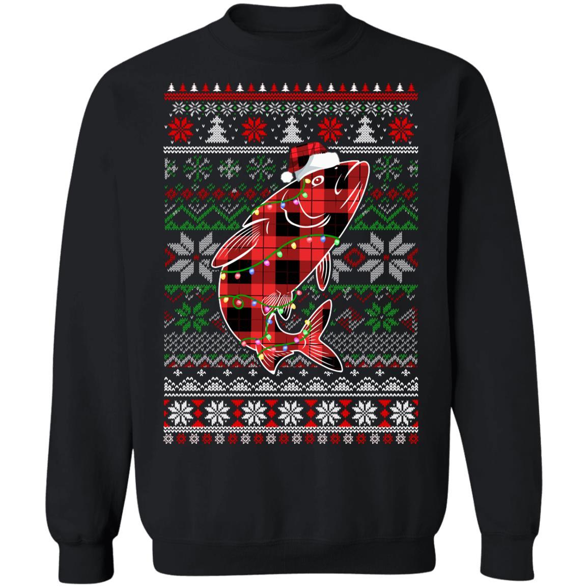 Red Plaid Buffalo Fish Pajamas Family Christmas Sweater-T-Shirt & Sweatshirt-Crewneck Sweatshirt-Black