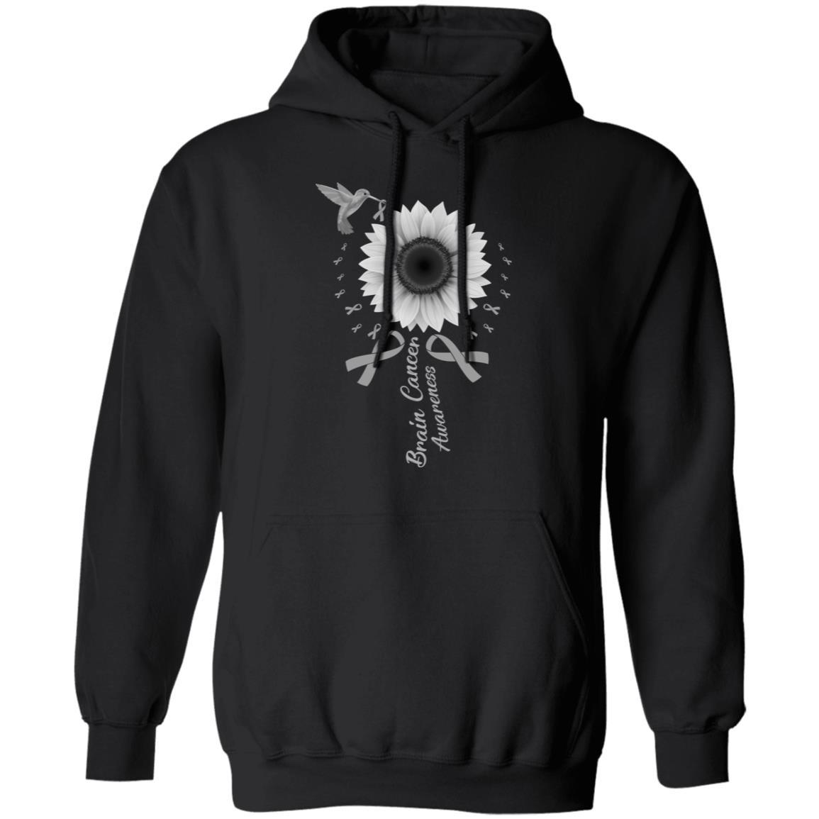 Hummingbird Sunflower Gray Ribbon Brain Cancer Awareness-T-Shirt & Hoodie-Pullover Hoodie-Black