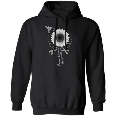 Hummingbird Sunflower Gray Ribbon Brain Cancer Awareness-T-Shirt & Hoodie-Pullover Hoodie-Black