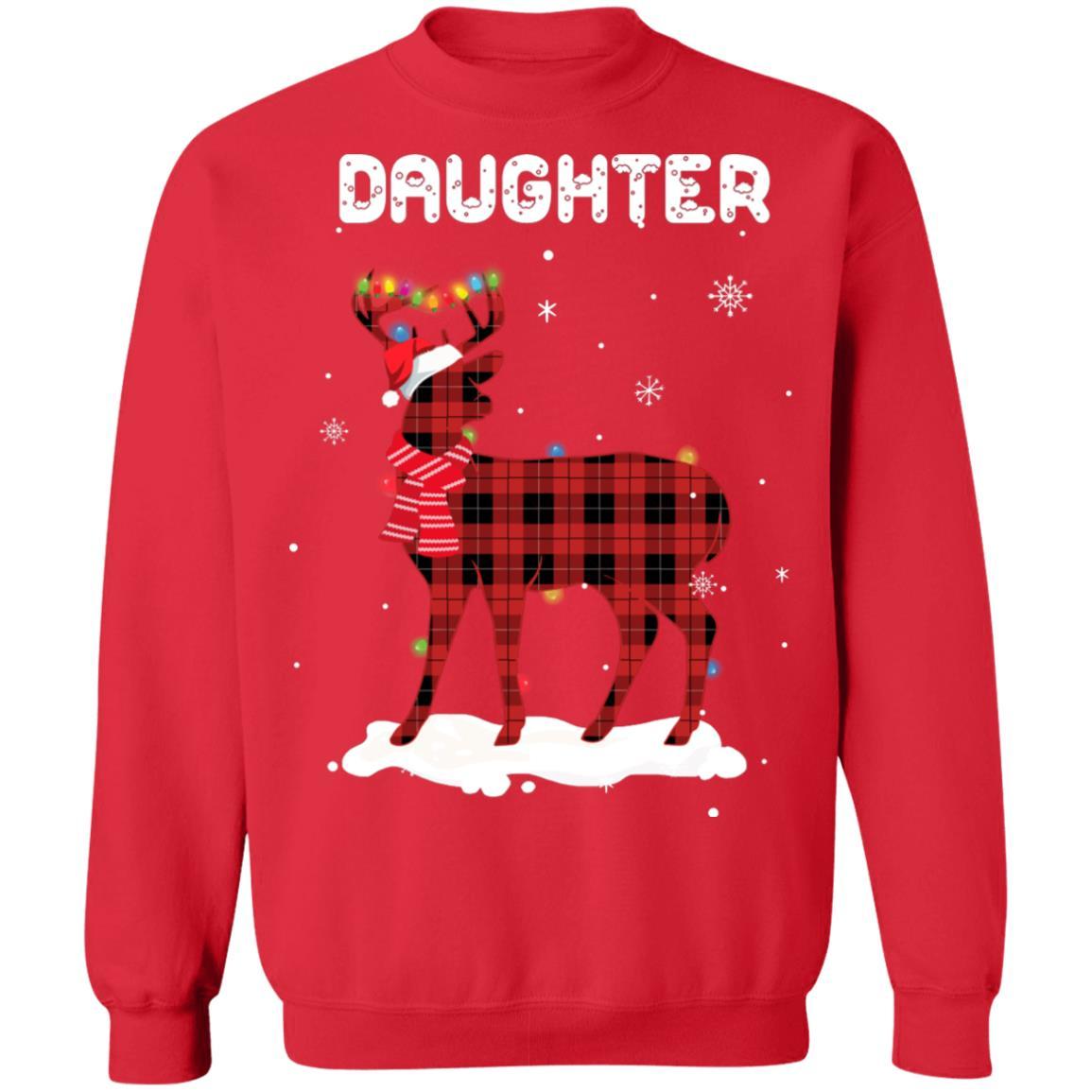 Daughter Deer Red Plaid Christmas Family Matching Pajamas-T-Shirt & Sweatshirt-Crewneck Sweatshirt-Red