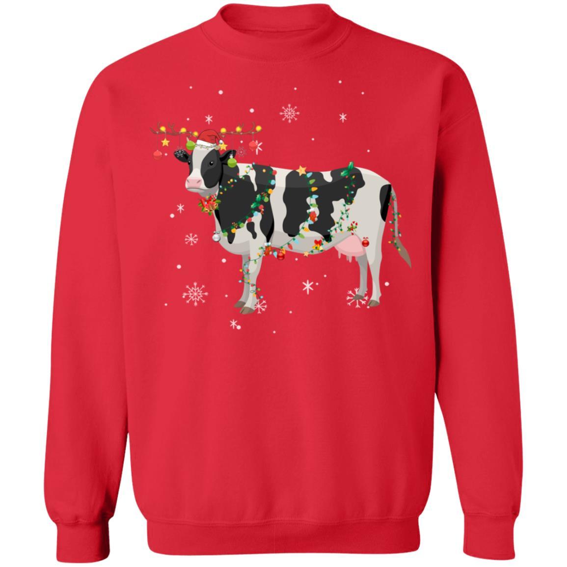 Funny Cow Reindeer Christmas Lights Pajama-T-Shirt & Sweatshirt-Crewneck Sweatshirt-Red