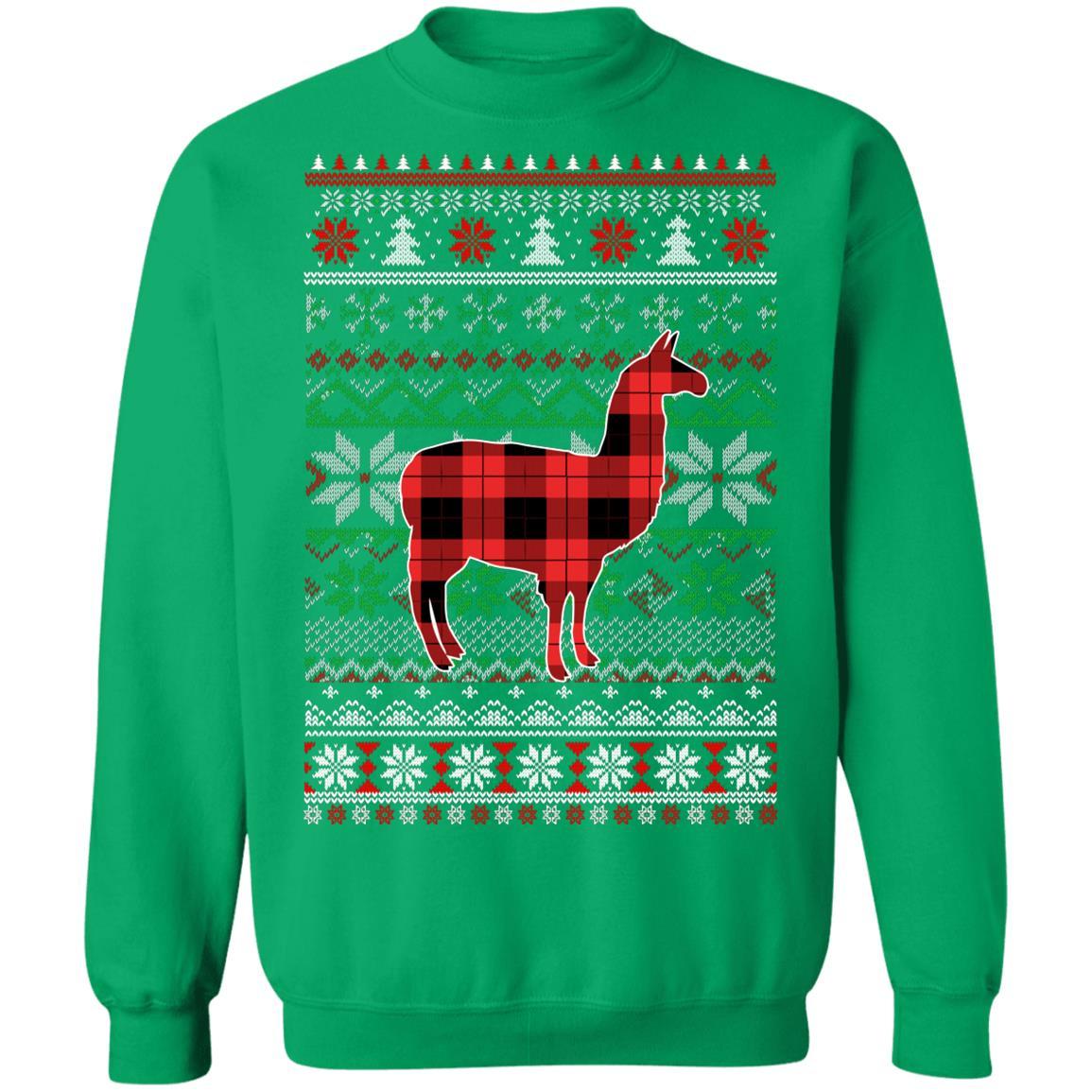 Llama Red Plaid Ugly Christmas Sweater Funny Gifts-T-Shirt & Sweatshirt-Crewneck Sweatshirt-Irish Green