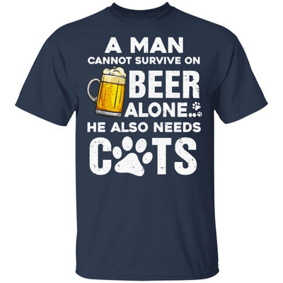 A Man Cannot Survive On Beer Alone He Also Needs Cat-T-Shirt & Hoodie-Classic T-Shirt-Navy