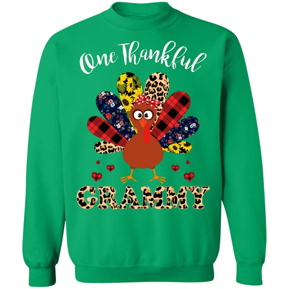 One Thankful Grammy Leopard Turkey Thanksgiving Gift-T-Shirt & Sweatshirt-Crewneck Sweatshirt-Irish Green