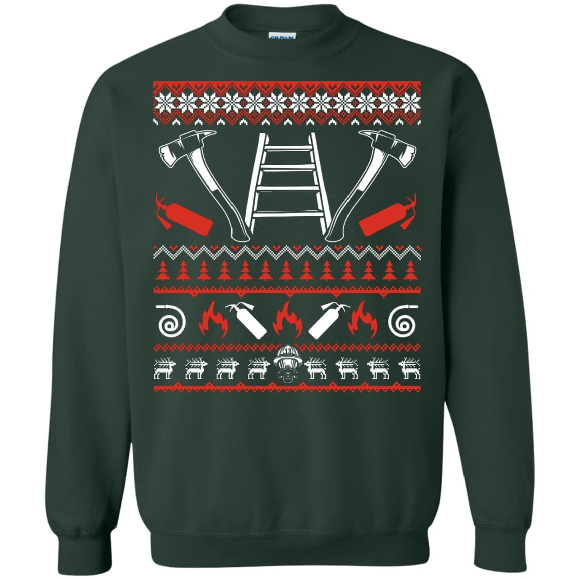 Firefighter Christmas Sweater-T-Shirt & Hoodie-Crewneck Sweatshirt-Forest Green