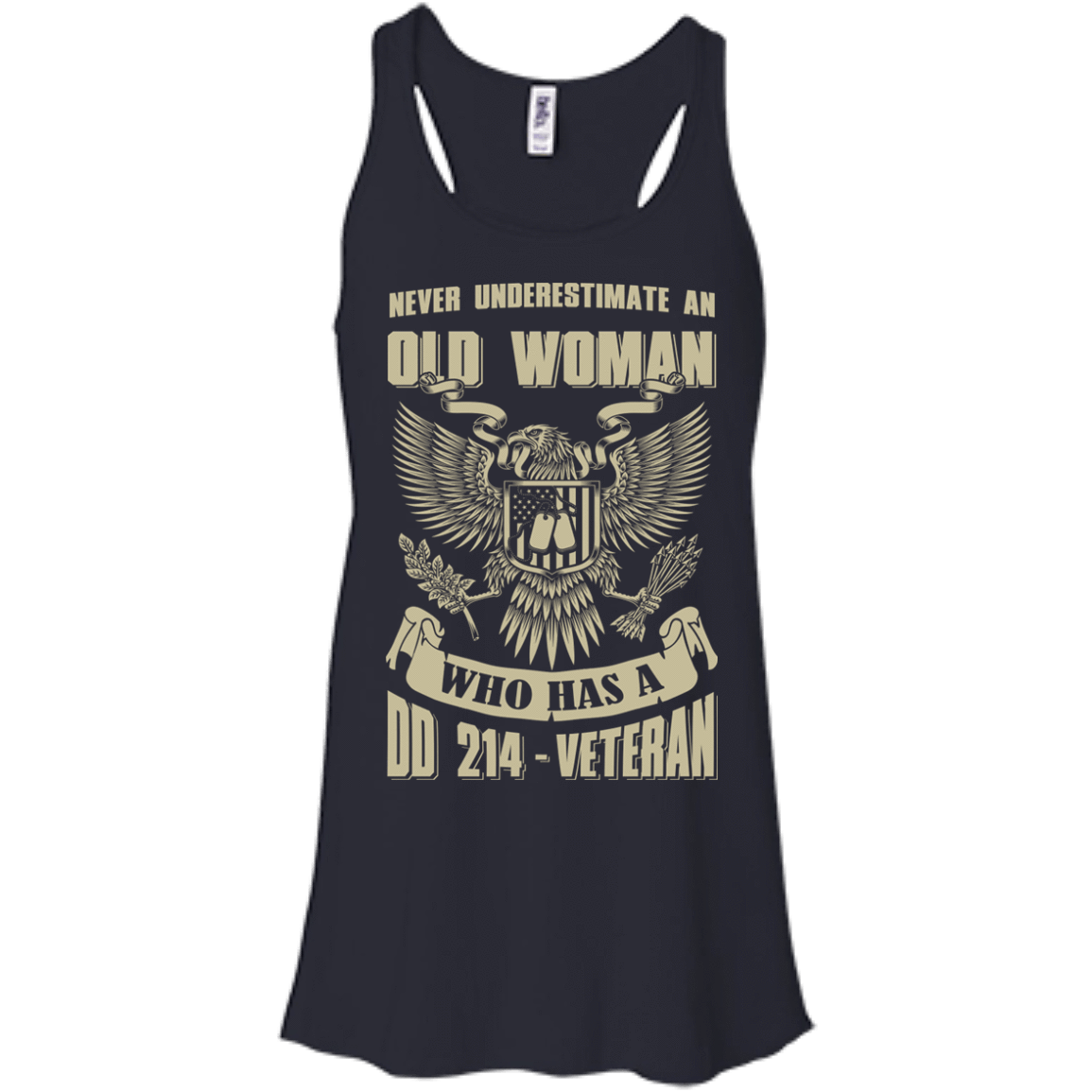 Never Underestimate An Old Woman Who Has A DD-214 Veteran-T-Shirt & Hoodie-Women's Flowy Racerback Tank-Midnight