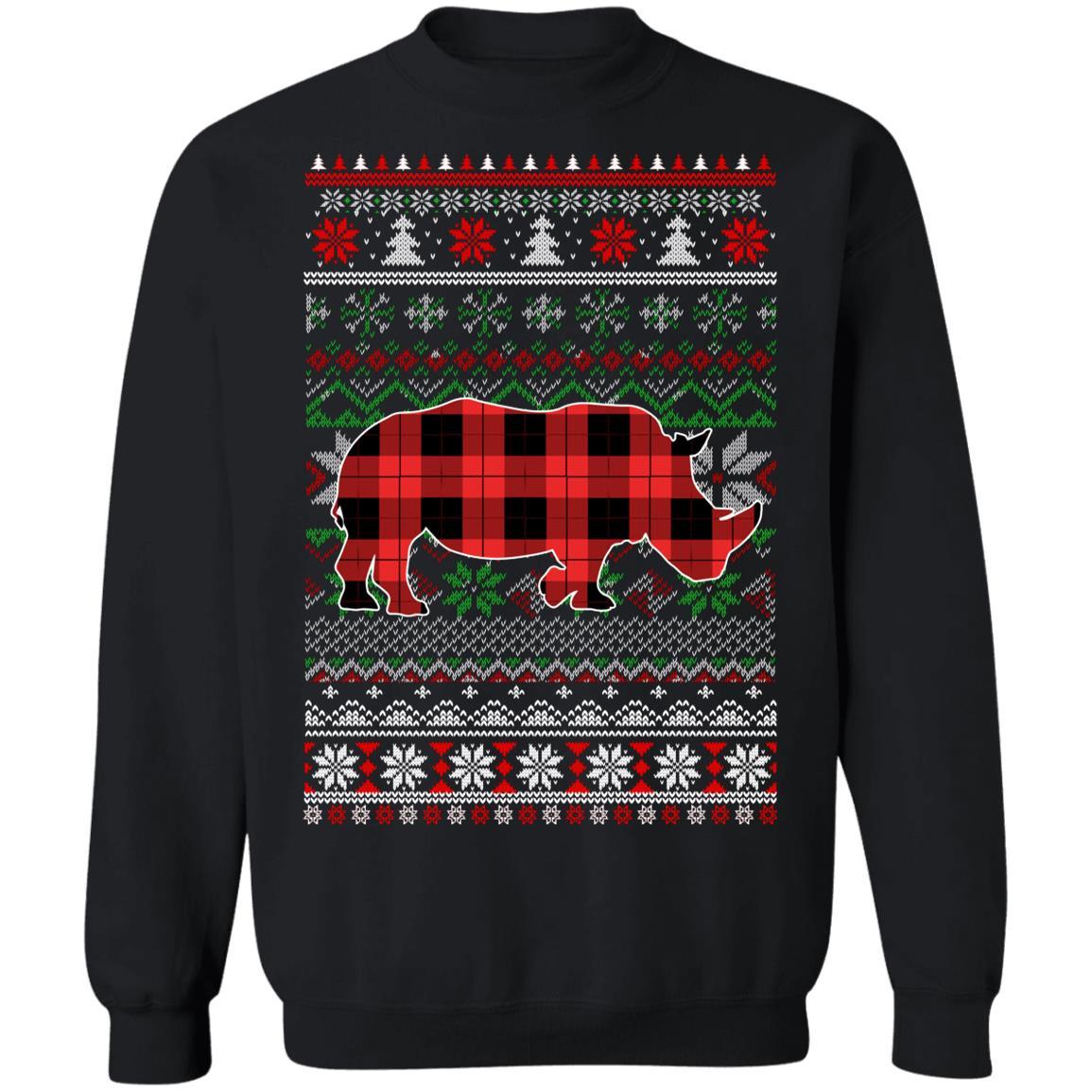Rhino Red Plaid Ugly Christmas Sweater Funny Gifts-T-Shirt & Sweatshirt-Crewneck Sweatshirt-Black