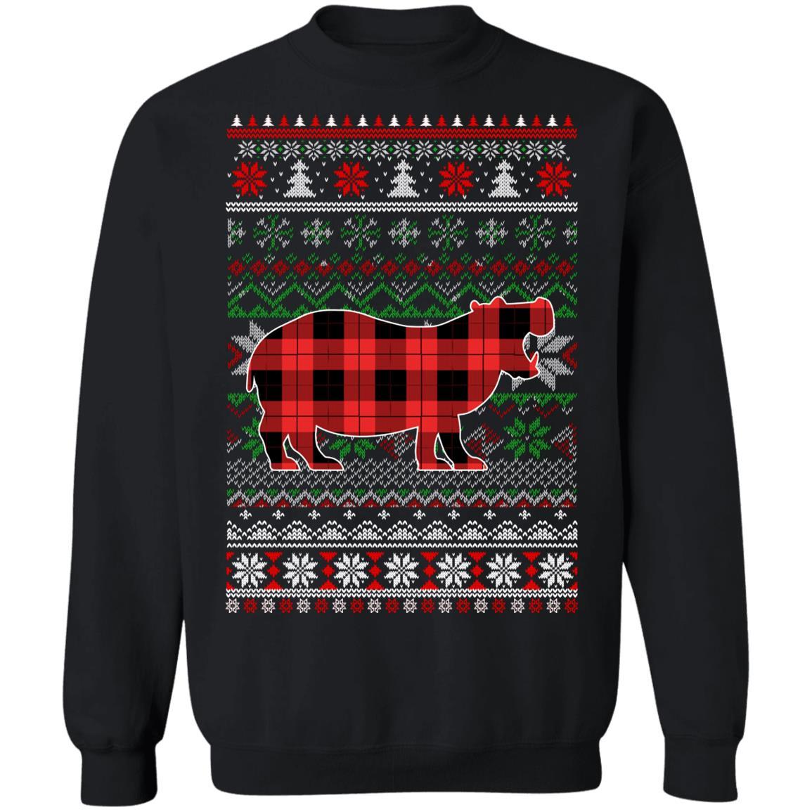 Hippo Red Plaid Ugly Christmas Sweater Funny Gifts-T-Shirt & Sweatshirt-Crewneck Sweatshirt-Black