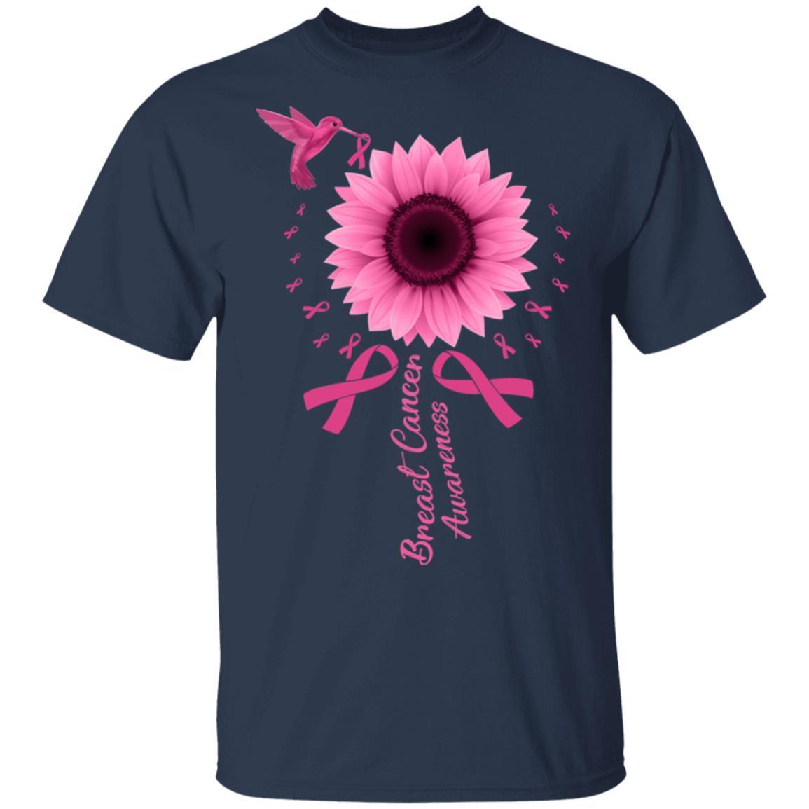 Hummingbird Sunflower Pink Ribbon Breast Cancer Awareness-T-Shirt & Hoodie-Classic T-Shirt-Navy