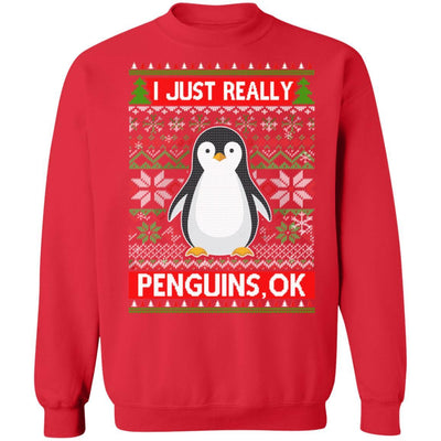 I Just Really Like Penguins Ok Ugly Christmas Sweater-T-Shirt & Sweatshirt-Crewneck Sweatshirt-Red