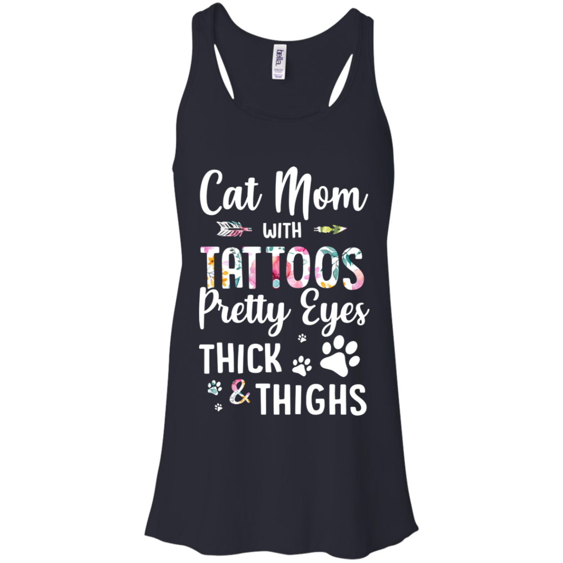 Cat Mom With Tattoos Pretty Eyes Thick Thighs-T-Shirt & Tank Top-Women's Flowy Racerback Tank-Midnight