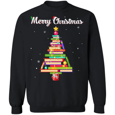 Merry Christmas Tree Love Reading Books Librarian-T-Shirt & Sweatshirt-Crewneck Sweatshirt-Black
