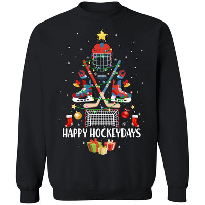 Happy Hockeydays Ice Hockey Christmas Tree Funny Xmas Gift-T-Shirt & Sweatshirt-Crewneck Sweatshirt-Black