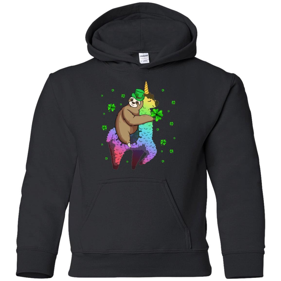 Leprechaun Sloth Riding Llama Unicorn St Patricks Day Youth-Youth Shirt-Youth Pullover Hoodie-Black