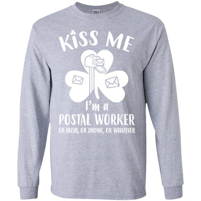 Kiss Me Im A Postal Worker Irish Drunk St Patricks Day-T-Shirt & Hoodie-Long Sleeve T-Shirt-Sport Grey