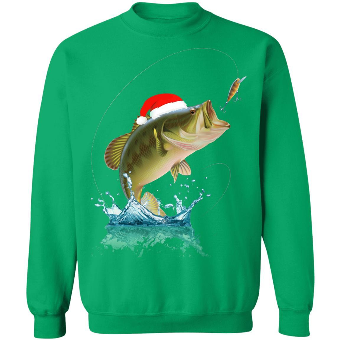 Funny Bass Fishing Santa Hat Christmas Pajama Fisherman Gift-T-Shirt & Sweatshirt-Crewneck Sweatshirt-Irish Green