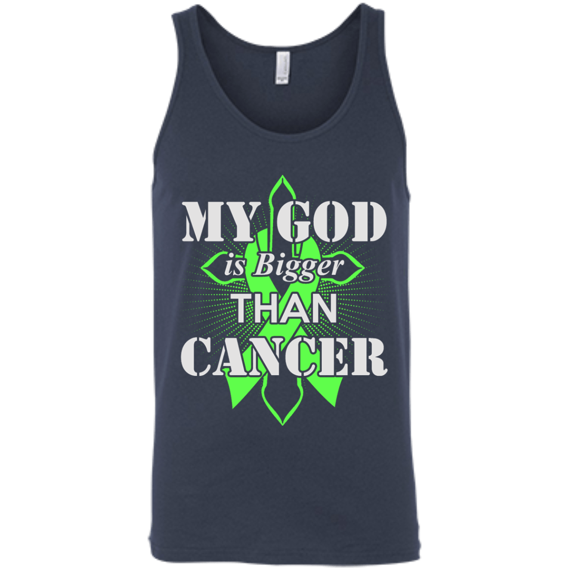 My God Is Bigger Than Cancer Green Awareness Ribbon-T-Shirt & Hoodie-Unisex Tank-Navy