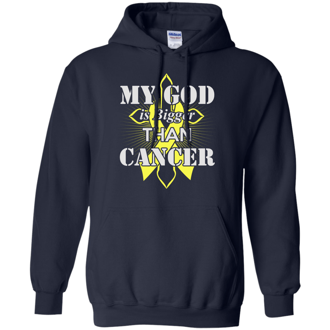 My God Is Bigger Than Cancer Yellow Awareness Ribbon-T-Shirt & Hoodie-Pullover Hoodie-Navy