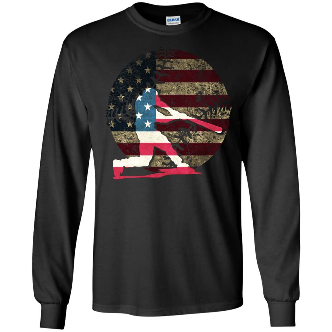 Hitter Baseball America Flag-T-Shirt & Hoodie-Long Sleeve T-Shirt-Black
